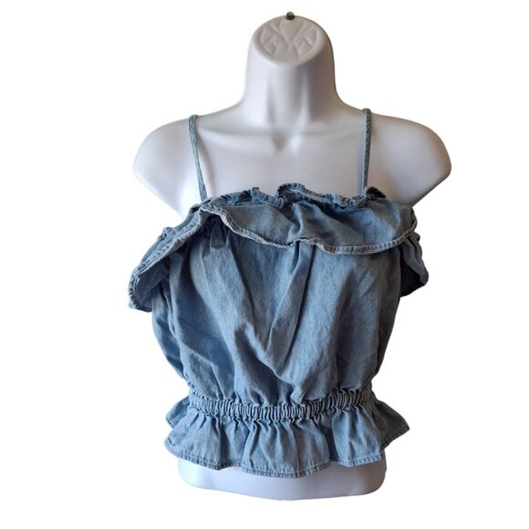 American Eagle Womens Peplum Halter Top S Blue Denim Ruffle Boho - Picture 1 of 7